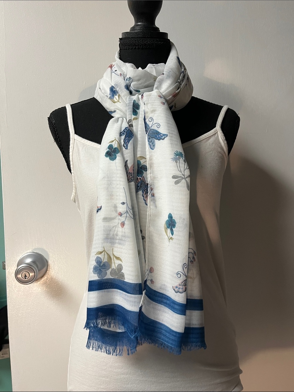 LOFT White Scarf with Blue/Denim Floral, Butterfly’s & soft pink flowers.